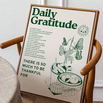 1入 Vintage 綠色日常感恩海報，房間美學可愛的向日葵蝴蝶食品帆布牆藝術畫，廚房餐廳 Vintage 牆面裝飾畫 16"X24"，無框