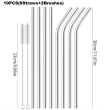5/10pcs Cup Replacement Straws - 304 Stainless Steel, Reusable, Extra Long With Cleaning Brush - Compatible With 40 Oz Tumbler For Smoothies And Iced Coffee, Kitchen, Christmas Gift,School Supplies - Silver - View 3