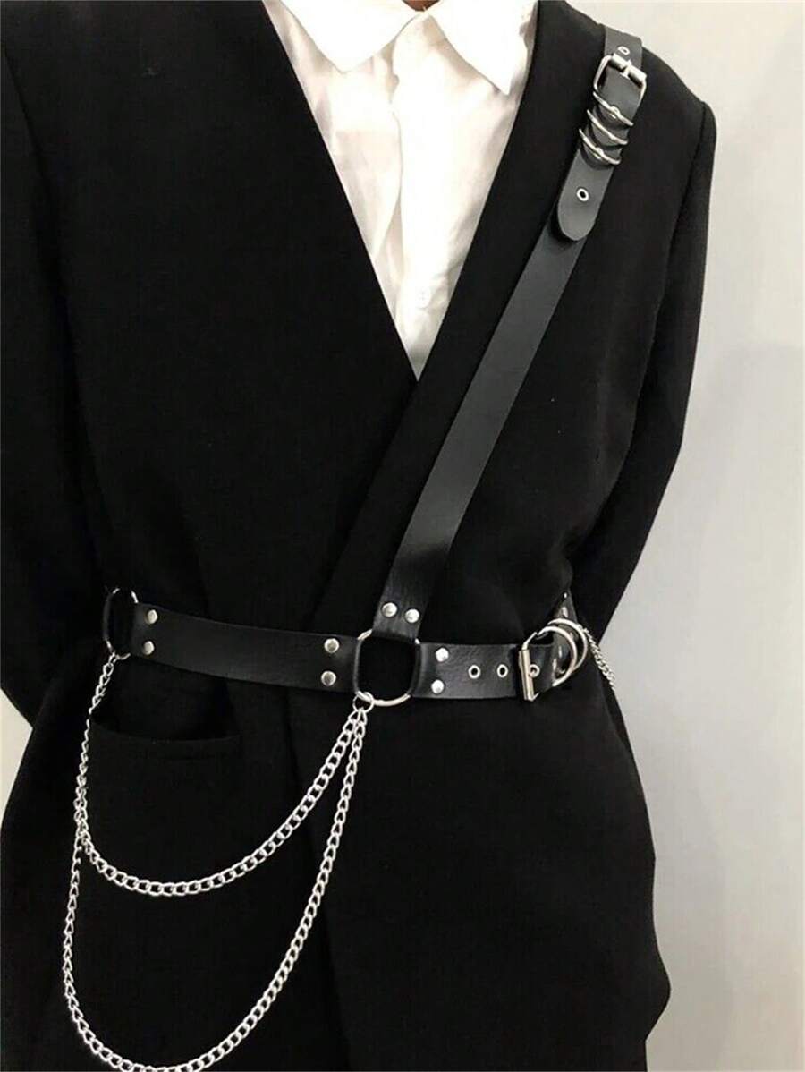 男式 PU 皮革链式身体装饰带束带束缚肌肉吊带万圣节