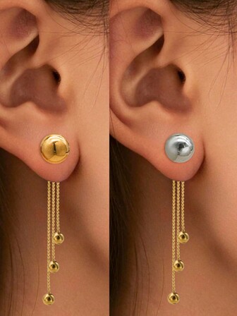 1 par/2 piezas Pendientes de cadena de acero inoxidable con forma de bola de color dorado y plateado, pendientes de moda para mujeres y señoras