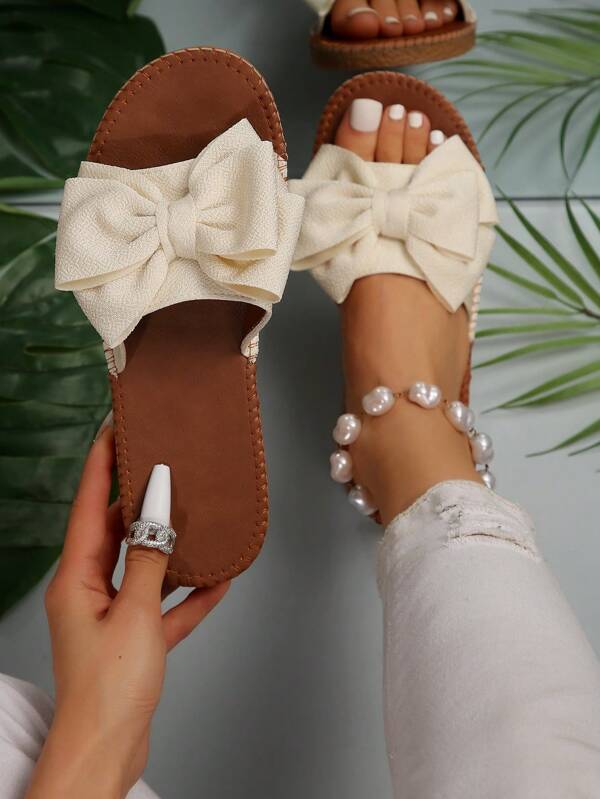 Sandalias planas para mujer con arco, zapatos de resbalón redondos abiertos de moda, diapositivas casuales para exteriores