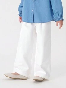 MARC&JANIE 春季年輕女孩白色蕾絲高腰寬腿褲，休閒時尚 - 白色 - 查看 2
