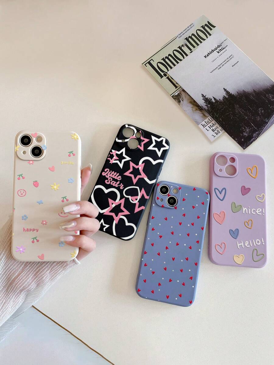 Y2k 4PCS Candy Heart Painting Cherry Starry Pattern New Straight Edge Anti-Fall Painting Compatible With IPhone Compatible With Redmi Compatible With Redmi Series Redmi9, Redmi9a, Redmi10a., International Version, Not The Domestic Version - Multicolor - View 1