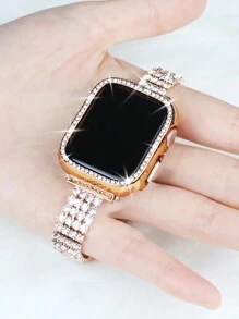 Conjunto Combinado de Pulseira + Capa Compatível com 2 em 1 para Mulheres, Pulseira de Metal com Brilhantes de Quatro Fileiras Elegante e Estilosa + Capa PC Anti-Queda e Resistente a Arranhões com Brilhantes Oca, Compatível com 40/41/42/44/45/46/49mm Ajuste o Comprimento à Mão, Fácil de Usar - Rosa ouro - Visão 1