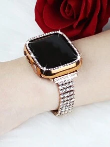Conjunto Combinado de Pulseira + Capa Compatível com 2 em 1 para Mulheres, Pulseira de Metal com Brilhantes de Quatro Fileiras Elegante e Estilosa + Capa PC Anti-Queda e Resistente a Arranhões com Brilhantes Oca, Compatível com 40/41/42/44/45/46/49mm Ajuste o Comprimento à Mão, Fácil de Usar - Rosa ouro - Visão 2