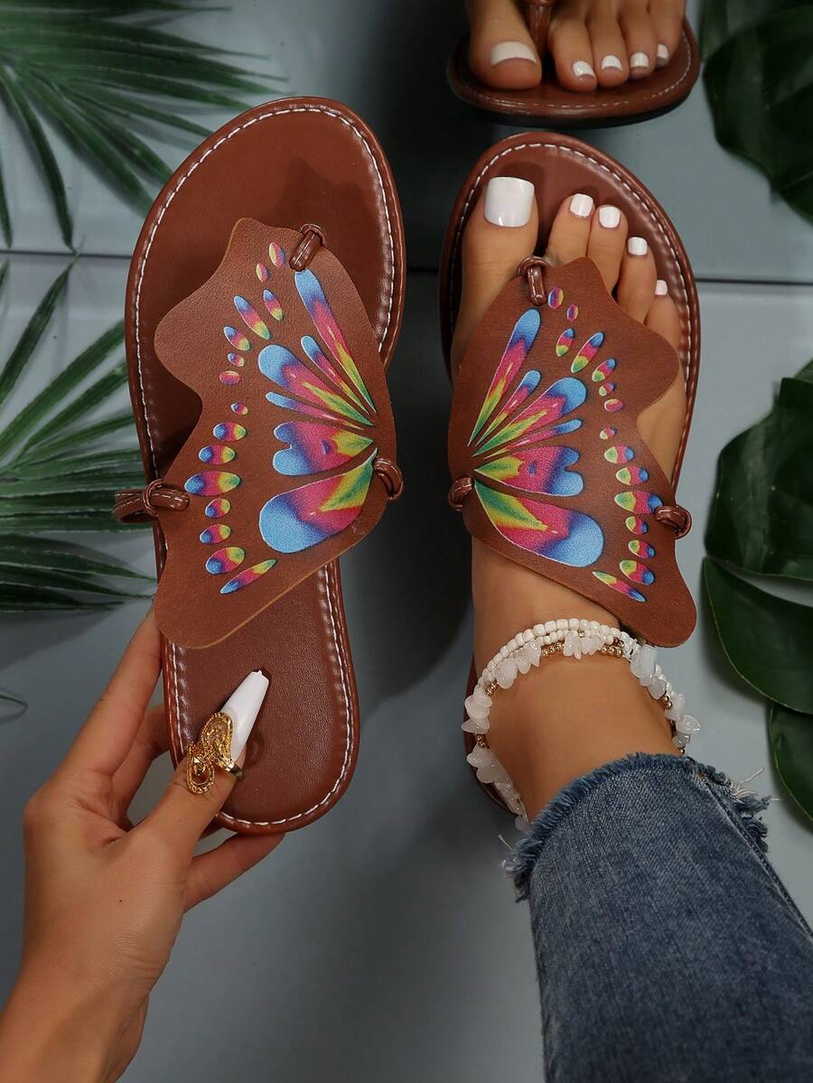 Flat Sandals Fashionable Popular Butterfly Design Flip Flops Summer Slippers - Brown - View 1