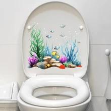 1pc Cartoon Seaweed And Fish Pattern Toilet Seat Cover Wall Sticker Bathroom Toilet Washroom Decoration Sticker - Multicolor - View 1