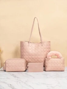 拼布手提袋四件套 - 粉色 - 查看 3