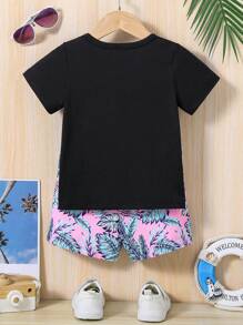 2pcs/Set Baby Boys' Stylish Summer Coconut Tree Print Leisure Holiday Shorts, With Short Sleeve Knitted T-Shirt For Sports Mix-And-Match Outfits