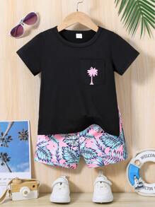 2pcs/Set Baby Boys' Stylish Summer Coconut Tree Print Leisure Holiday Shorts, With Short Sleeve Knitted T-Shirt For Sports Mix-And-Match Outfits