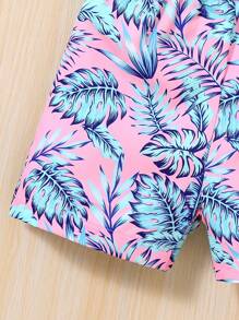2pcs/Set Baby Boys' Stylish Summer Coconut Tree Print Leisure Holiday Shorts, With Short Sleeve Knitted T-Shirt For Sports Mix-And-Match Outfits