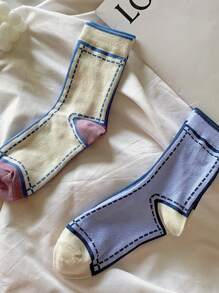 5 Pairs Of Fashionable Color-Block Mid-Calf Socks With Heels - Multicolor - View 3