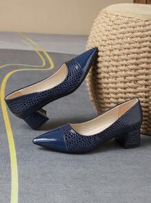 Women's Pointed Toe Red 4cm Heel Pump Shoes With Stone Texture, Chunky Heel Green Shoes And Shallow Blue Casual Shoes For Autumn Valentines