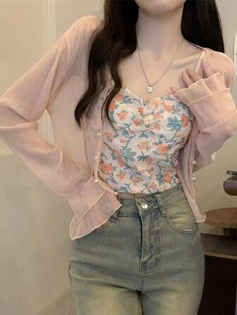 1 件女士沙滩配饰雪纺披肩开衫长袖防晒，空调环境，海滩出游配饰女士情人节情人节