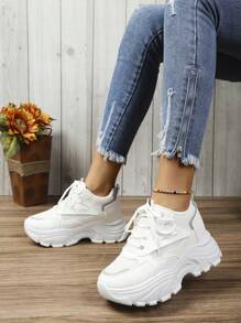 2024新款女款白色運動鞋，綁帶設計，時尚舒適，學生休閒，透氣網眼布，增高運動鞋 - 白色 - 查看 1