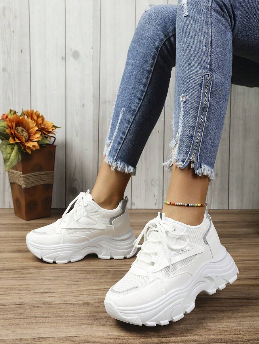 2024新款女款白色運動鞋，綁帶設計，時尚舒適，學生休閒，透氣網眼布，增高運動鞋 - 白色 - 查看 1