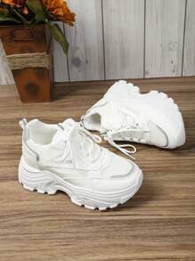 2024新款女款白色運動鞋，綁帶設計，時尚舒適，學生休閒，透氣網眼布，增高運動鞋 - 白色 - 查看 6