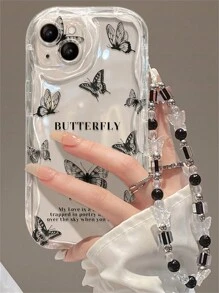 挂绳手机吊饰奢华可爱动物蝴蝶花朵蝴蝶结手链波浪形柔软透明手机壳适用于 13 11 12 14 15 16 Pro Max 14 15 16 Plus 保护套防水防震防摔防刮 - 無色 - 查看 3