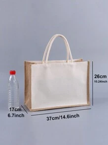 1pc Canvas+Jute Handbag Burlap Tote Bag Reusable Daily Use Travel Beach Storage Organizer Shopper Bag DIY Montage Jute Bag Suitable For Wedding, Party Festival And Painting, Christmas