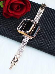 Conjunto Combinado de Pulseira + Capa Compatível com 2 em 1 para Mulheres, Pulseira de Metal com Brilhantes de Quatro Fileiras Elegante e Estilosa + Capa PC Anti-Queda e Resistente a Arranhões com Brilhantes Oca, Compatível com 40/41/42/44/45/46/49mm Ajuste o Comprimento à Mão, Fácil de Usar - Rosa ouro - Visão 4