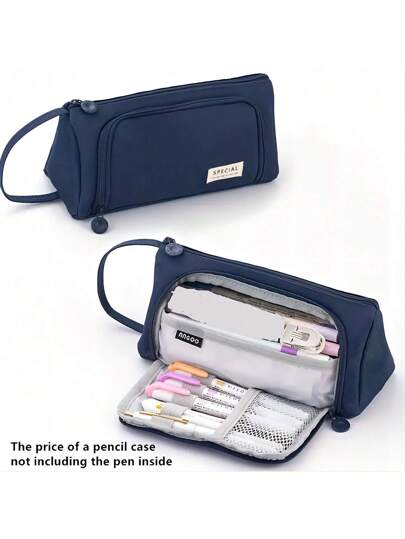 Astuccio Grande Portatile Con 3 Scomparti E Manico - Organizer Cancelleria In Tela Bianca Per Scuola E Ufficio - 3