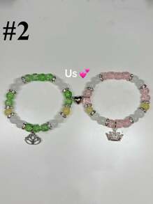 2Pcs Fashionable Bead Bracelets With Lotus &Crown Pendant ,Best Friend Bff Matching Bracelets For Couples Women Men