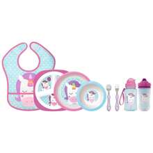 Kit Refeição Infantil 7 Peças Prato Divisórias, Prato Raso, Bowl, Kit Talher Colher e Garfo, Garrafa Canudo Silicone 350ml, Copo Parede Dupla 320ml e Babador com Pega Migalhas Buba Animal Fun - Roxo - Visão 1