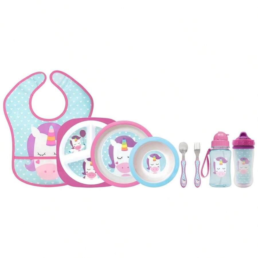 Kit Refeição Infantil 7 Peças Prato Divisórias, Prato Raso, Bowl, Kit Talher Colher e Garfo, Garrafa Canudo Silicone 350ml, Copo Parede Dupla 320ml e Babador com Pega Migalhas Buba Animal Fun - Roxo - Visão 1