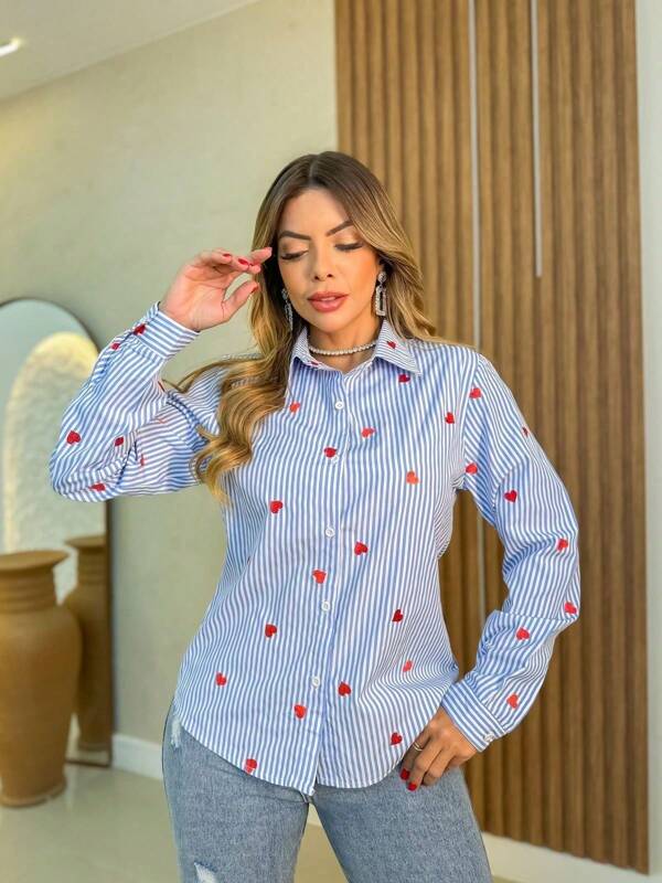 Camisa Feminina Listrada coracao bordado social/AL820