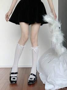 1 Pair White/Beige Mesh Lace Bow Detail Long Stockings Versatile Simple Style Thigh High Or Stackable Over The Calf Socks