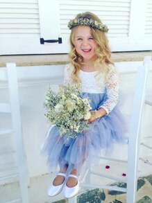 Young Girl Vintage Floral Lace Tiered Tulle Tutu 3/4 Sleeve Knee Short Flower Girl Dress - Bluish Gray - View 1
