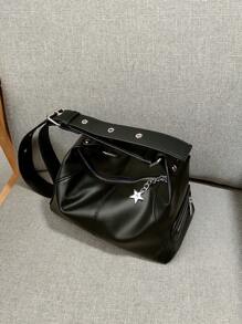 秋冬新品男女通用摩托車包斜挎肩包,防水輕便,純色,縫合細節 - 黑色 - 查看 5