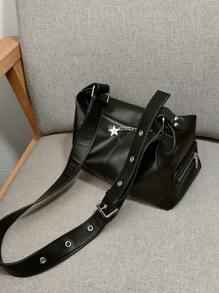 秋冬新品男女通用摩托車包斜挎肩包,防水輕便,純色,縫合細節 - 黑色 - 查看 4