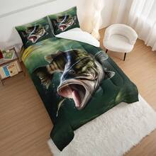 Big Fish Eat Small Fish Pattern Comforter Fishing Themed Bedding Set,Striped Bass Big Pike Fishing Comforter Set. - Green - View 3
