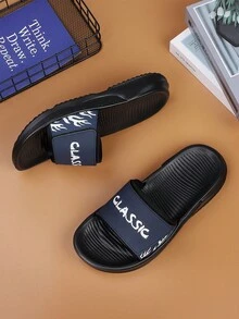 Men Leather Hook And Loop Slippers, Casual Indoor EVA Slippers - Navy Blue - View 2