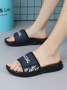 Men Leather Hook And Loop Slippers, Casual Indoor EVA Slippers - Navy Blue - View 3