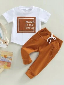 Baby Boy Letter Print Short Sleeve Top And Plain Sports Pants Set