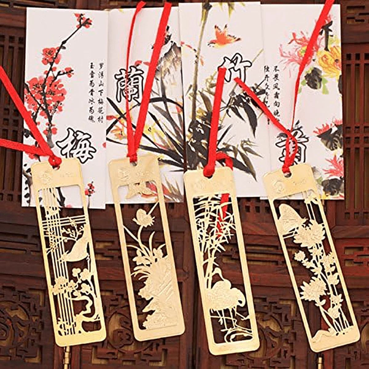 4入組中式金屬書籤，金色中空創意迷你書籤，梅花、蘭花、竹子、菊花書籤創意禮物 - 黃銅色 - 查看 1