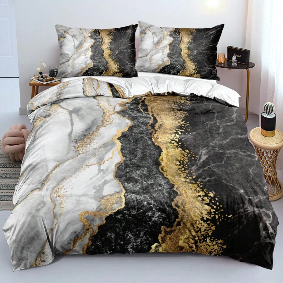 2/3Pcs 3D Galaxy Duvet Cover Marble Print Bedding Set King Size For