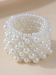 1pc Fashionable Simple Woven Pearl Wide Bracelet For Women
