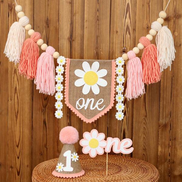 Decoración de cumpleaños número 1 hecha a mano, gorro de punto de margarita, bandera con borlas de margarita rosa/caqui de punto para niña de un año