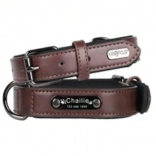 1入重型皮革復古定制項圈，附牽引繩，光澤黑色金屬牌和雕刻板，適用於各種尺寸的大型、中型和小型犬 - 深棕色 - 查看 7