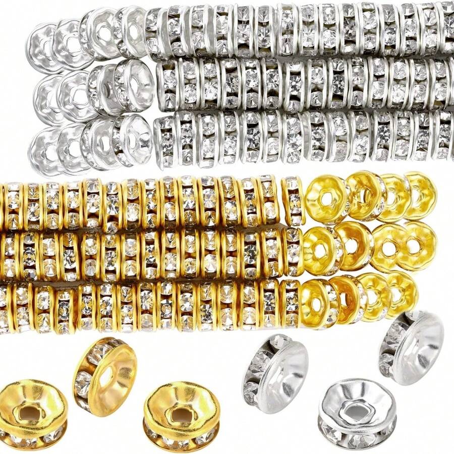 400 piezas 6mm/8mm Cuentas espaciadoras con borde engastado de strass, cuentas espaciadoras redondas de strass de cristal para hacer joyas DIY, llaveros (oro, plata) - Multicolor - Ver 1
