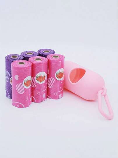90 piezas/paquete Bolsas de residuos para mascotas con dispensador, Bolsas de residuos con aroma a fresa rosa, Bolsas de basura para mascotas para reducir el olor, Asas moradas para uso en exteriores