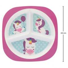 Kit Refeição Infantil 7 Peças Prato Divisórias, Prato Raso, Bowl, Kit Talher Colher e Garfo, Garrafa Canudo Silicone 350ml, Copo Parede Dupla 320ml e Babador com Pega Migalhas Buba Animal Fun - Roxo - Visão 2