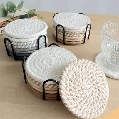 4pcs/8 Pcs Drink Coasters Round Coasters, Heat Insulation Mat, 4 Colors Absorbent Coasters For Drinks, Minimalist Woven Coaster Set For Home Decor Tabletop Protection Suitable For Kinds Of Cups, 4.3 Inches,Without Cup Holder