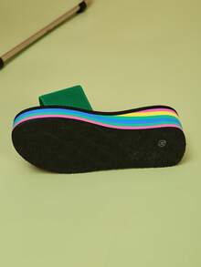 1pair Women Summer Rainbow Color Slip-Resistant & Thick Bottom Wedge Sandals, Perfect For Outdoor Activities Like Beach And Traveling - Green - View 5