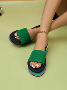 1pair Women Summer Rainbow Color Slip-Resistant & Thick Bottom Wedge Sandals, Perfect For Outdoor Activities Like Beach And Traveling - Green - View 4