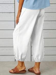 Loose And Linen Buttoned Cropped Wide Leg Pants, Women Homewear Bottoms - White - View 4