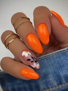 90's Flower Style Press On Nails Medium Almond Orange Manicure Fake Nails Spring Summer Plants Designs Fake Nails -24 Pcs/Box For Women And Girls - Multicolor - View 1
